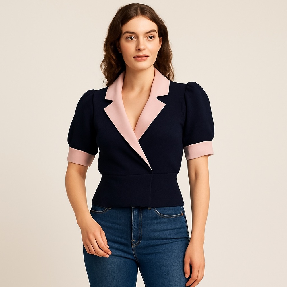 - Vintage St. John I. Magnin‎ Navy Blouse Pink Peter Pan Collar Puff Sleeve…